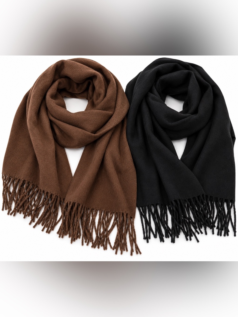 2 Pack Cashmere Feel Scarves Brown Black Fringe 72” Soft Neutral Winter Wrap